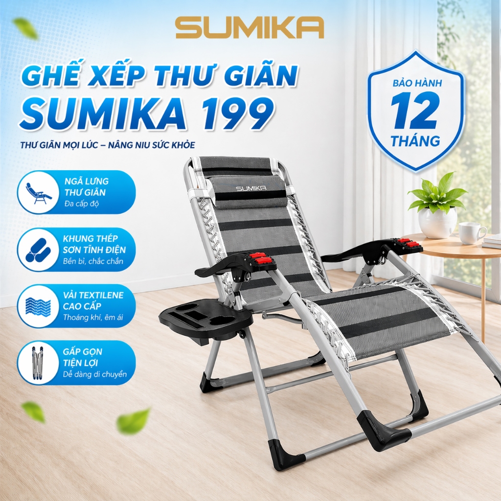 SUMIKA Ghế Xếp Thư Giãn SUMIKA 199, Vải Lưới Textilene Thoáng Khí, Khóa Kim Loại, Khung Thép Dày Dặn