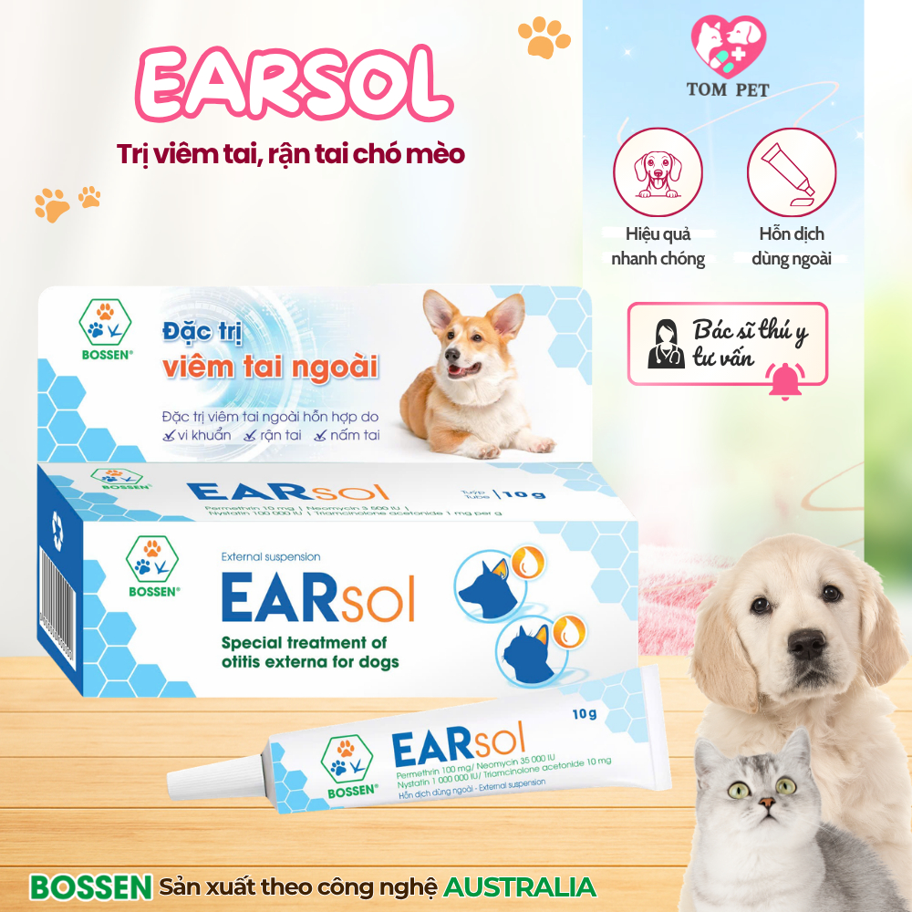 EARSOL Bossen trị viêm tai cho Chó Mèo do vi khuẩn, nấm, rận tai - Tuýp 10gam
