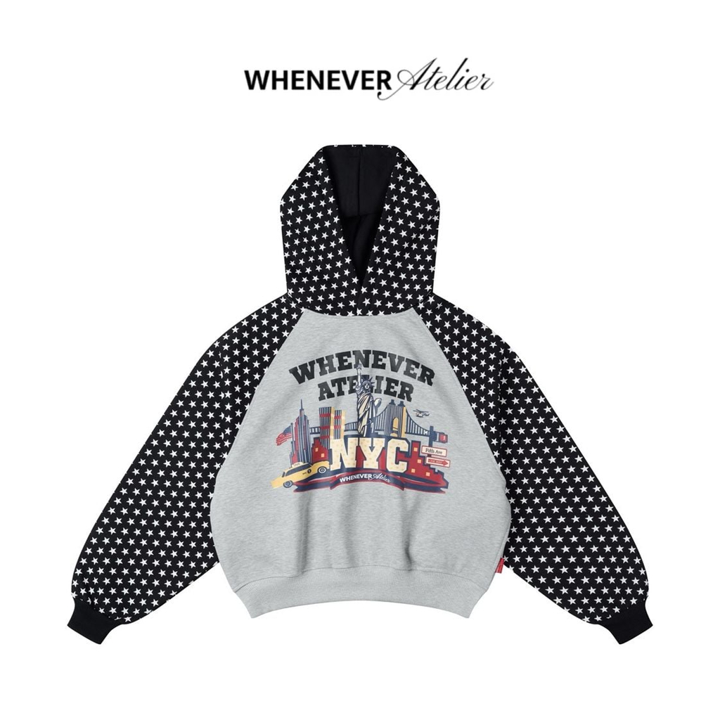 WHENEVER Áo Hoodie Whenever Star Raglan Vải Nỉ Form Boxy Unisex / Grey Black