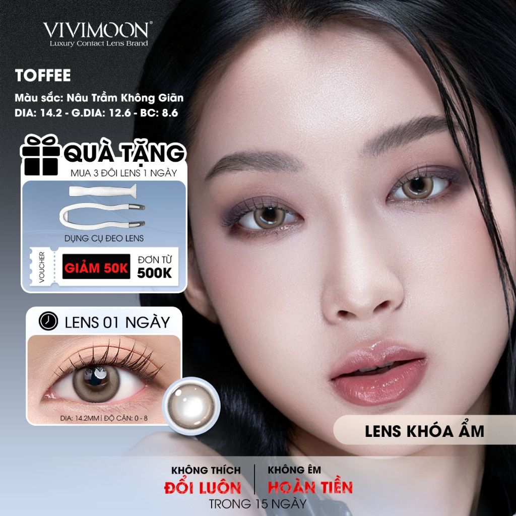 VIVIMOON lens cận khóa ẩm 1 ngày, công nghệ MPC cao cấp, kính áp tròng Toffee màu nâu trầm không giãn phù hợp nhiều tone