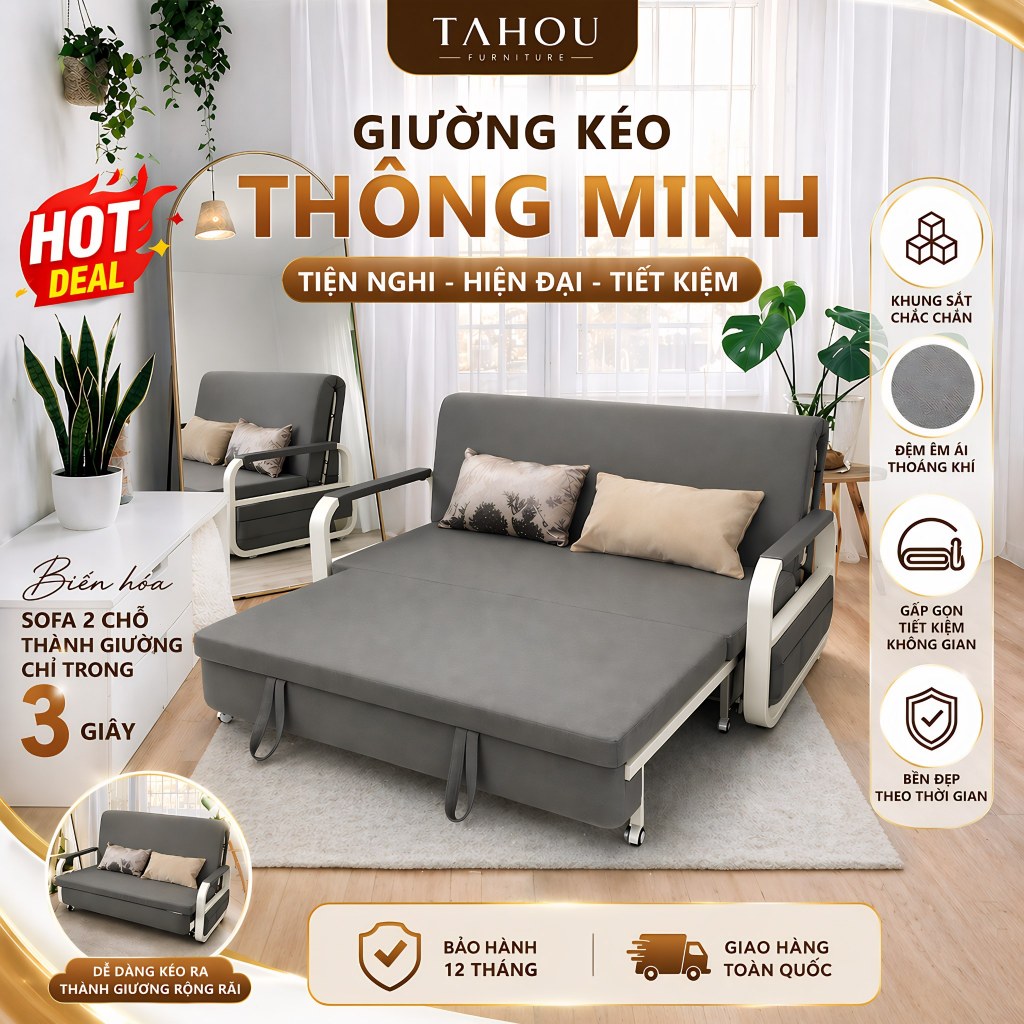 Ghế Sofa Giường Đa Năng Gấp Gọn Tiện Lợi 1m 1m2 1m5 x 1m9, Khung Sắt Chắc Chắn, Nệm Êm