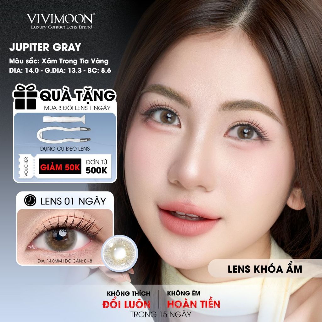 VIVIMOON lens cận khóa ẩm 1 ngày, công nghệ MPC cao cấp, kính áp tròng Jupiter Gray màu xám trong ti