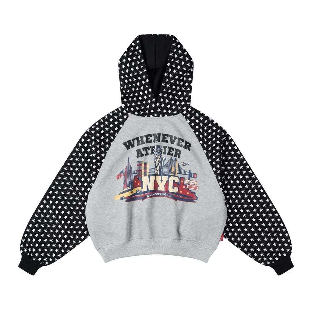 "WHENEVER" Áo Hoodie Whenever Atelier Star Raglan Form Boxy Unisex / Grey Black