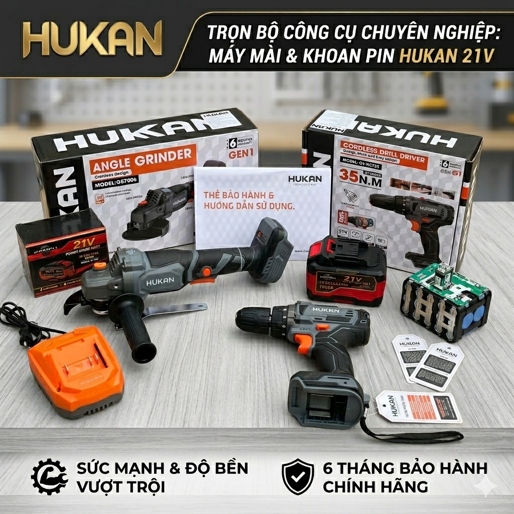 (Tặng Khoan HUKAN) Combo máy mài HUKAN AG5700 + pin đóng 15cell +sạc nhanh 2A chính hãng