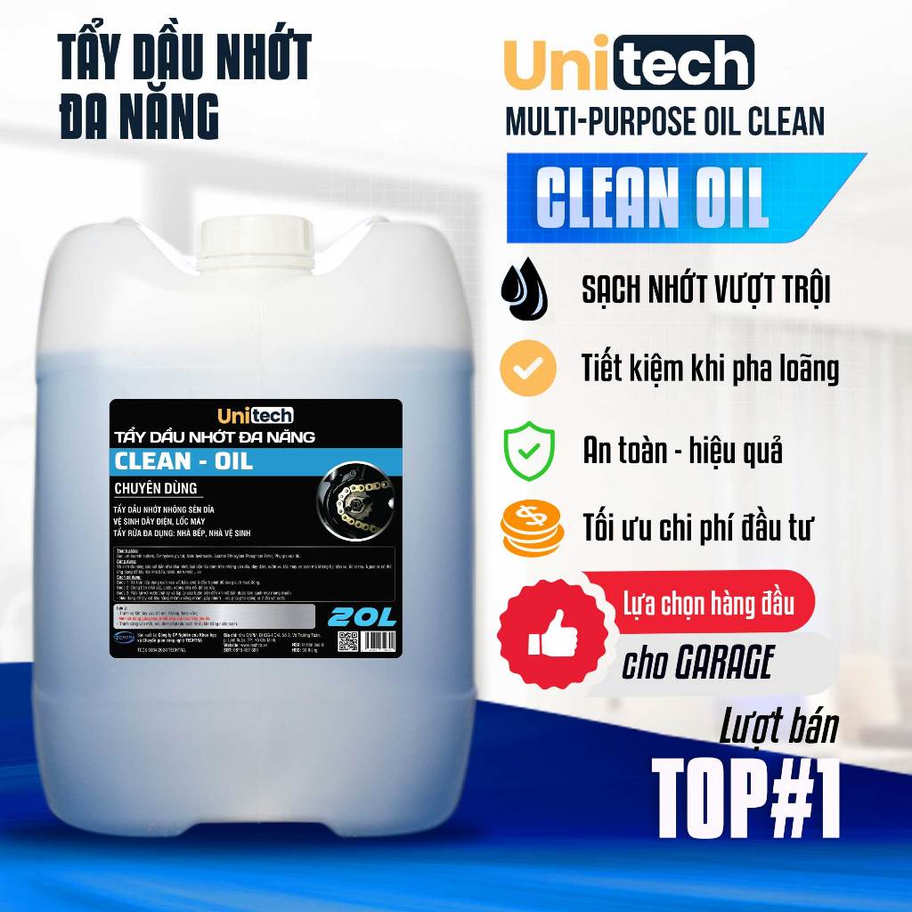 TẨY DẦU NHỚT UNITECH 20 Lít - Dung Dịch Tẩy Đa Năng Can 20L Tẩy Nhớt, Rửa Sên Xe, Lốc Máy, Rửa Xe