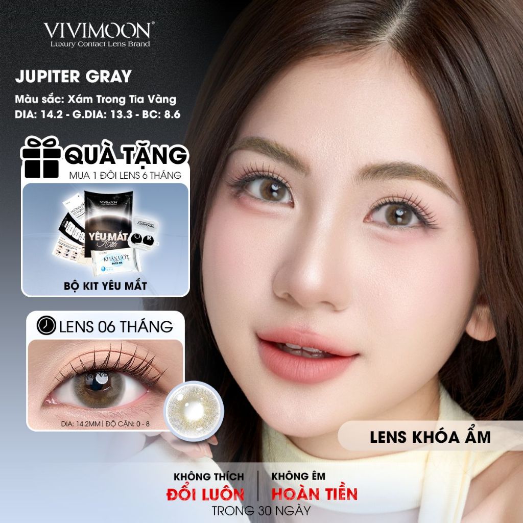 VIVIMOON lens cận khóa ẩm với công nghệ MPC cao cấp, kính áp tròng Jupiter Gray màu xám trong sử dụn