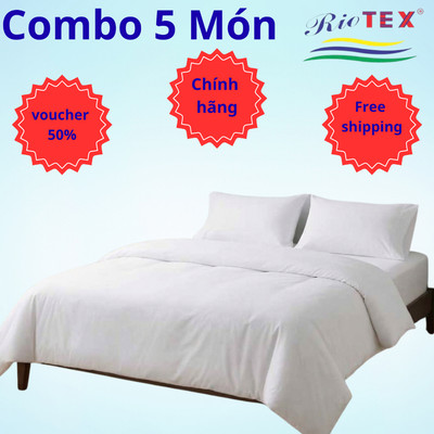 Bộ 5 món RIOTEX trắng trơn T1 gồm ga, 2 vỏ gối, vỏ chăn, ruột chăn đầy đủ kích thước