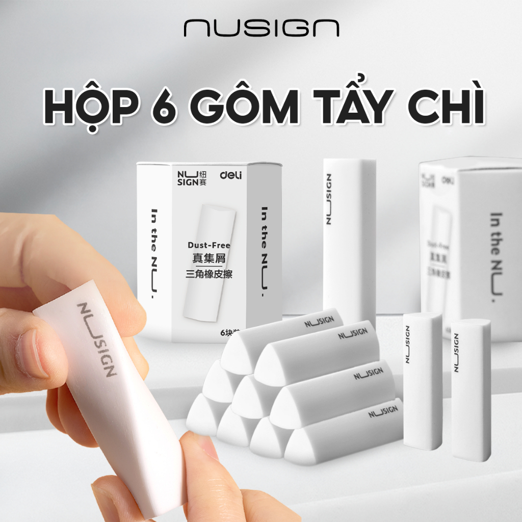 Hộp 6 Gôm Tẩy Chì Nusign x Deli Cao Cấp Siêu Sạch Ít Vụn, Tẩy Chì Dẻo Không Mòn Rách Giấy Cho Học Sinh, Sinh Viên