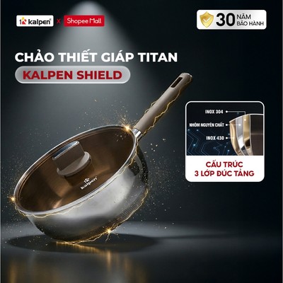 Chảo Thiếp Giáp Kalpen Shield Inox 304 nguyên khối chống dính phủ Nano Titanium TS có nắp kính size 20-24-26-28cm