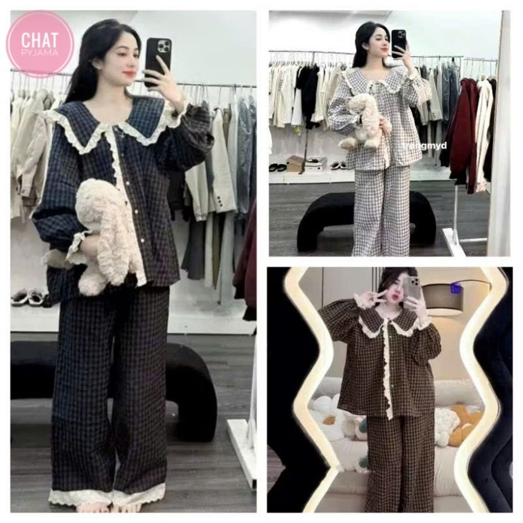 SÉT BỘ PYJAMA DÀI KẺ BÈO CÚC REN XINH SIU HÓT CHAT3652