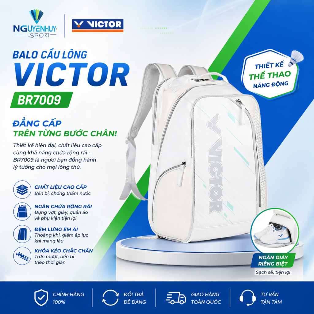 (Chính hãng )Balo Cầu Lông victor chính hãng VT BR7009 - Trắng Túi Thể Thao Sport Bag
