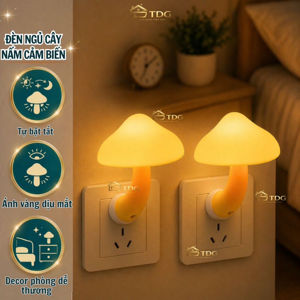 Đèn ngủ hình cây nấm TDG dèn ngủ cảm biến ánh sáng tự động bật tắt, ánh sáng vàng dịu nhẹ, trang trí