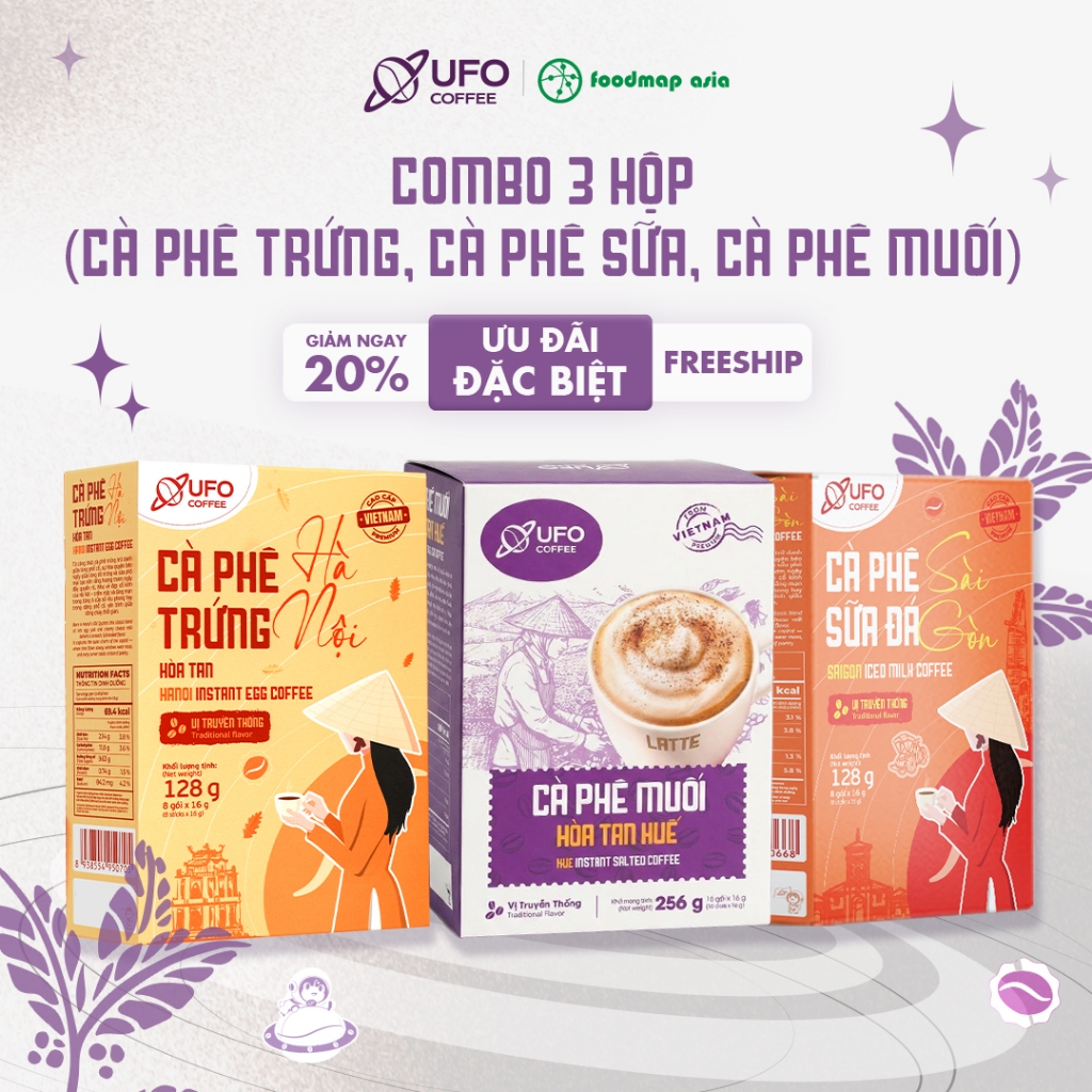 Combo 3 Hộp Cà Phê (Cà Phê Trứng Hà Nội - Cà Phê Sữa Đá Sài Gòn - Cà Phê Muối Huế) - UFO Coffee
