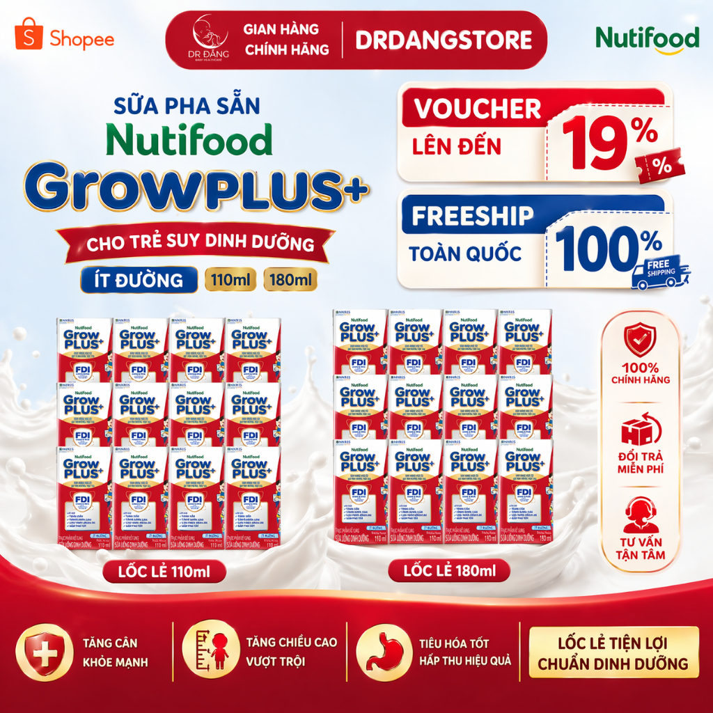 Lốc Lẻ - Sữa Pha Sẵn Nutifood Growplus+ Đỏ - Cho Trẻ Suy Dinh Dưỡng -  Ít Đường 110ml và 180ml