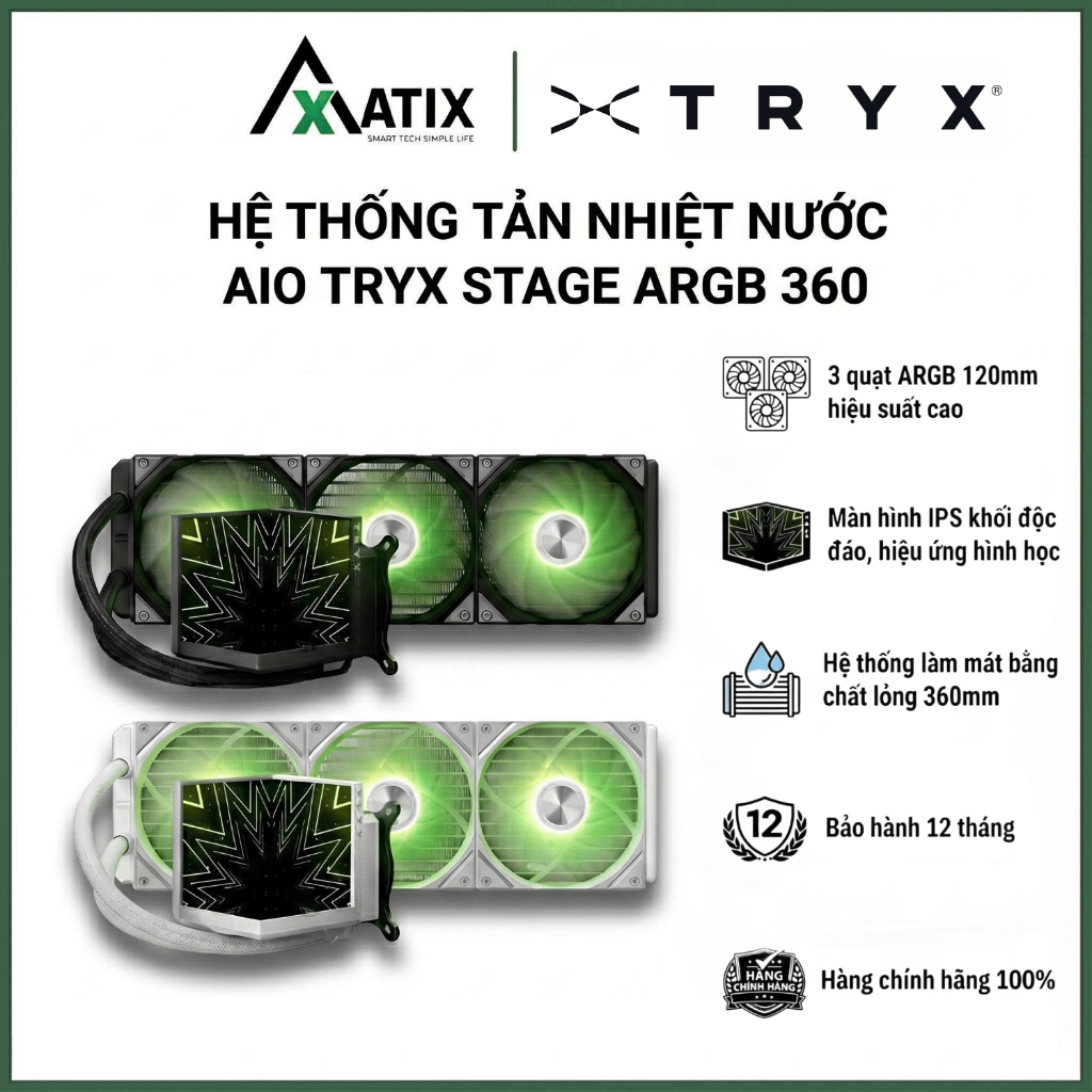 Tản nhiệt nước TRYX  AIO STAGE ARGB 360 | Màn hình LCD 3.5 inch | Bơm Asetek Gen 8 | Fan ROTA Pro | 