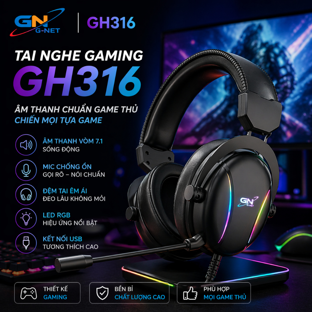 🎧 Thanh lý tai nghe gaming G-NET GH316 7.1 RGB âm thanh cực chất mic dài led 16.8 triệu màu dành cho