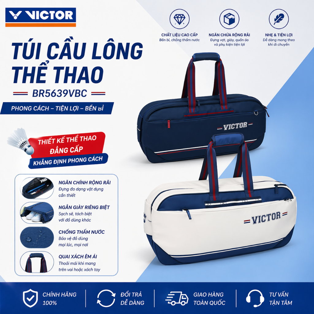 (Chính hãng)Túi cầu lông full vợt Victor Badminton Club (VBC) BR5639VBC AF - Trắng xanh chính hãng