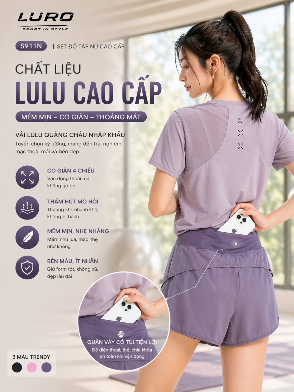 S911N — Set Đồ Tập Nữ Quần Váy Có Túi 2