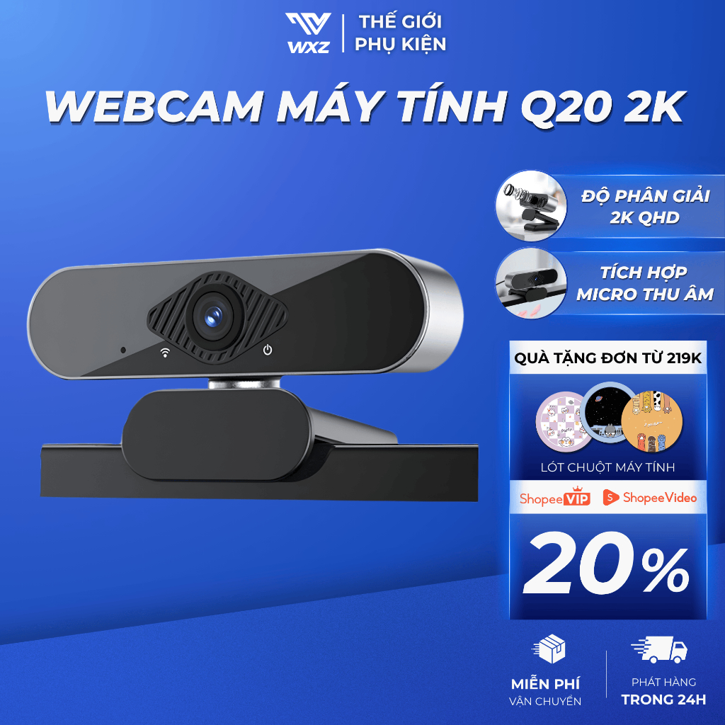 Webcam Máy Tính Laptop Q20 2K Siêu Nét, Camera Livestream, Học Trực Tuyến Gọi Video Tích Hợp Micro