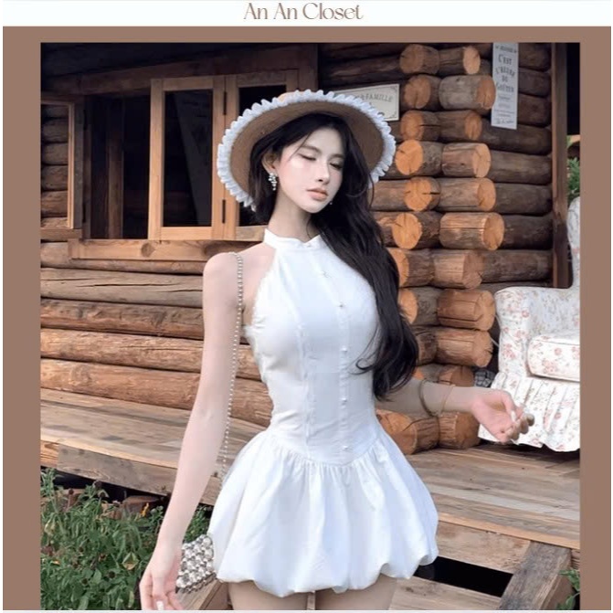 Đầm váy bí cổ yếm tôn dáng A02  Váy trắng tiểu thư sang chảnh