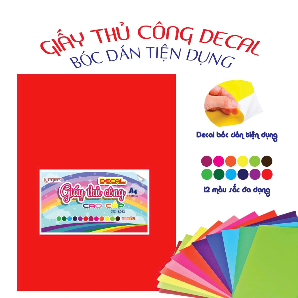 Xấp 12 Tờ Giấy Decal Màu A4 Kẻ Ô Caro – 12 Màu, Có Keo Dán