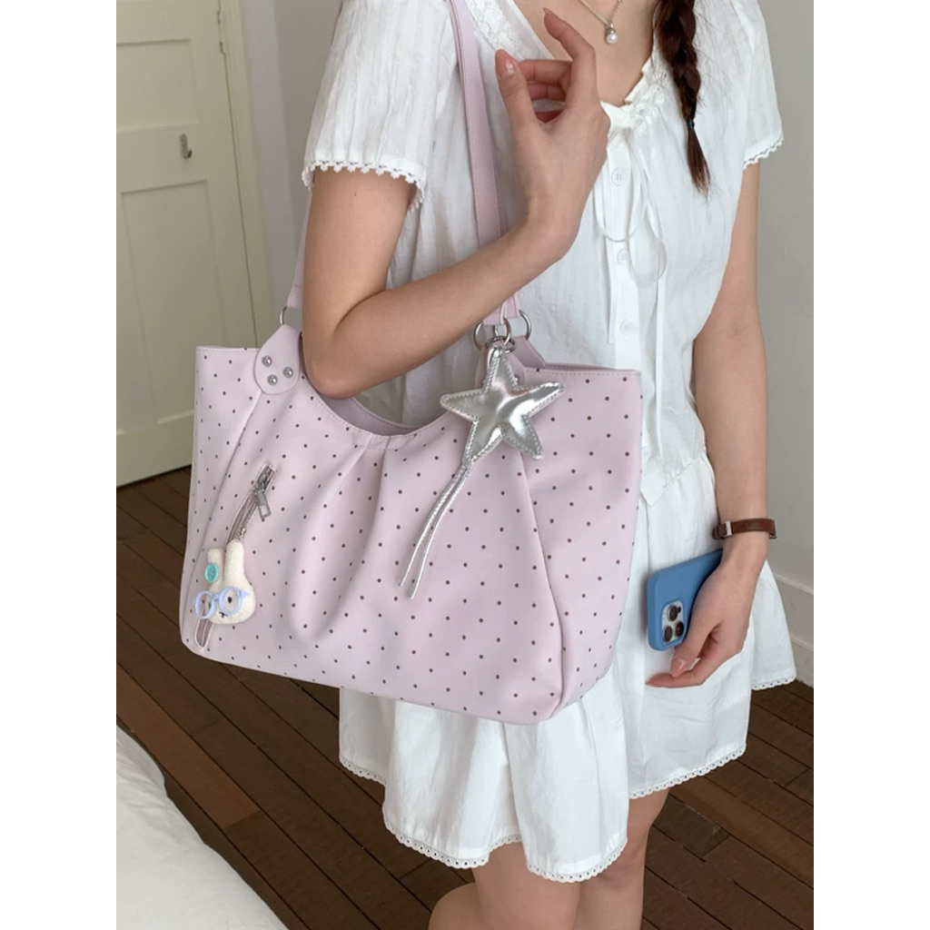 YUMI-Túi Tote Chấm Bi Y2K Style - Túi Xách Đeo Vai Kèm Phụ Kiện Thỏ & Ngôi Sao