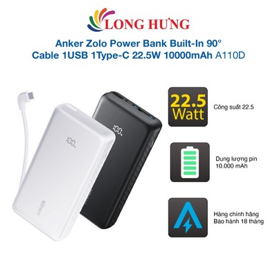 Sạc dự phòng Anker Zolo Power Bank Built-In 90° Cable 1USB 1Type-C 22.5W 10000mAh A110D - Hàng chính hãng