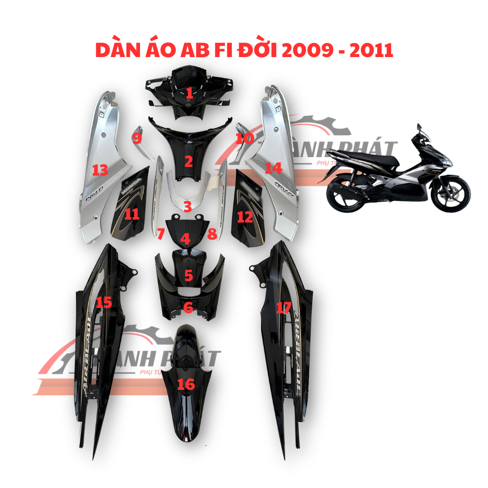 Dàn áo AB 110 FI Việt Đời 2010 Màu Đen Bạc 17 món Gắn cho AB Thái (Đã trừ mặt nạ 1 cặp ốp đèn) Zin H