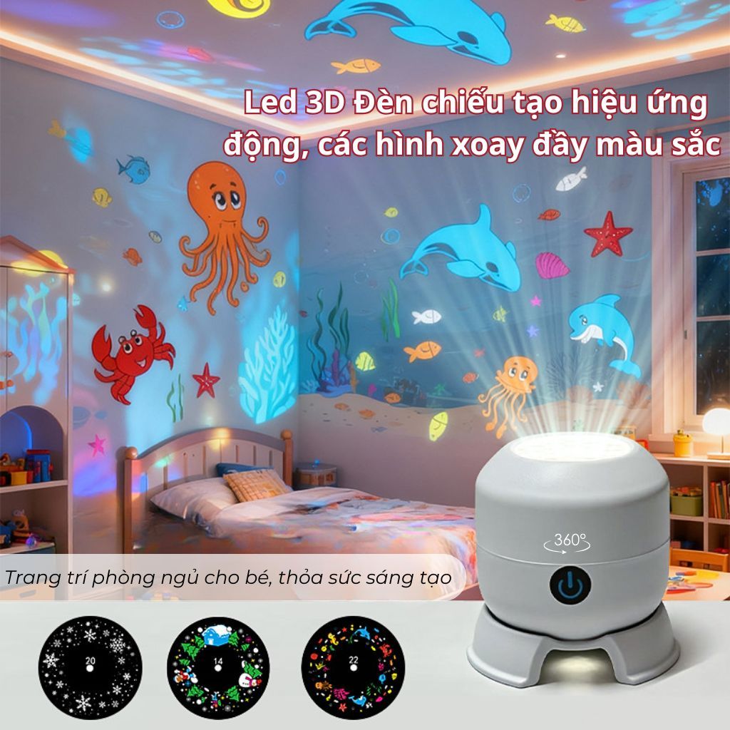 Đèn chiếu 3d tạo hiệu ứng động độ nét cao, Đèn Led xoay tự động 360 độ đầy màu sắc chiếu bông tuyết, đại dương huyền ảo.