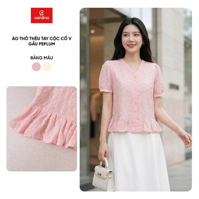 Áo kiểu nữ CARDINA chất thô thêu tay cộc cổ V gấu peplum 6AKC17