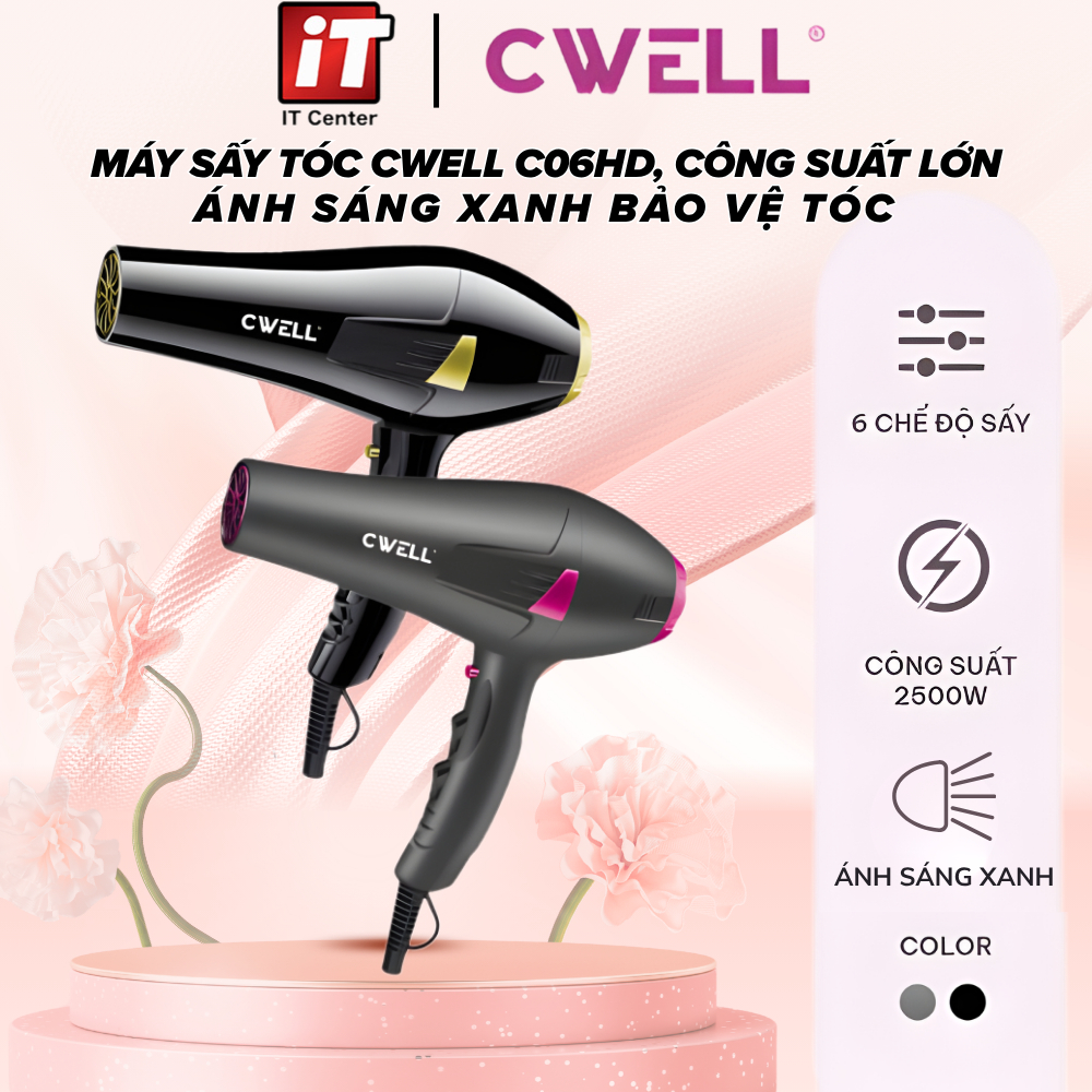 Máy sấy tóc CWELL C06HD, công suất lớn 2500W, 6 chế độ linh hoạt giúp tạo kiểu chuẩn Salon