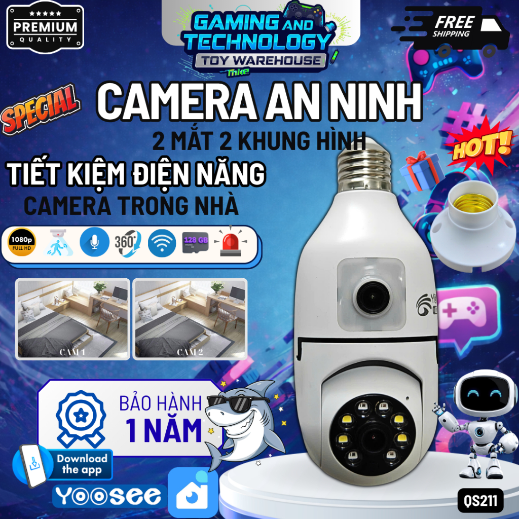 Camera 2 Mắt Chuôi Bóng Đèn Yoosee QS211 Fullhd, Xoay 360 Độ, Đàm Thoại 2 Chiều, Cảnh Báo Chống Trộm