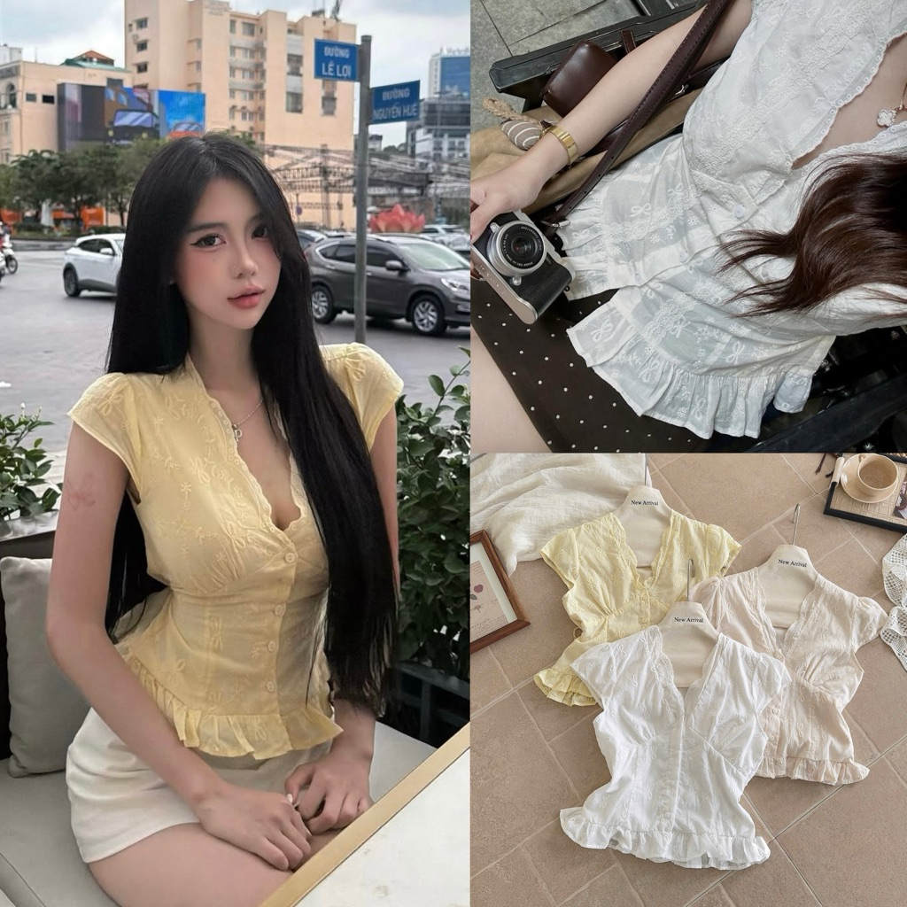 (NEW ARRIVAL) Áo ren tay hến cổ V chất thô boi thêu nơ có lót ERI TOP | BigBuy360 - bigbuy360.vn