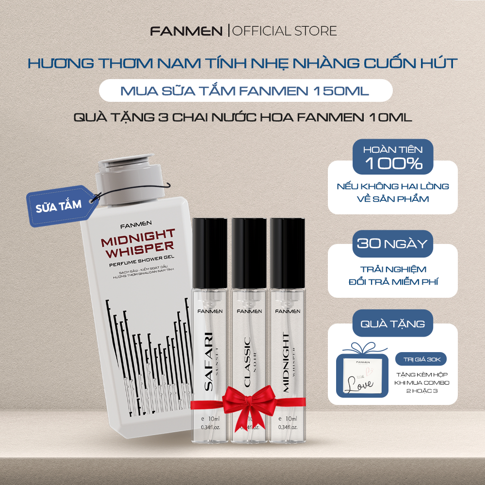 Sữa tắm hương nước hoa cao cấp Fanmen làm sạch sâu, cấp ẩm 150ml - Tặng kèm bộ 3 nước hoa nam Fanmen