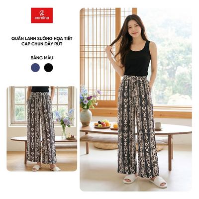Quần dài nữ CARDINA chất liệu lanh dáng suông họa tiết cạp chun dây rút 6QDT13