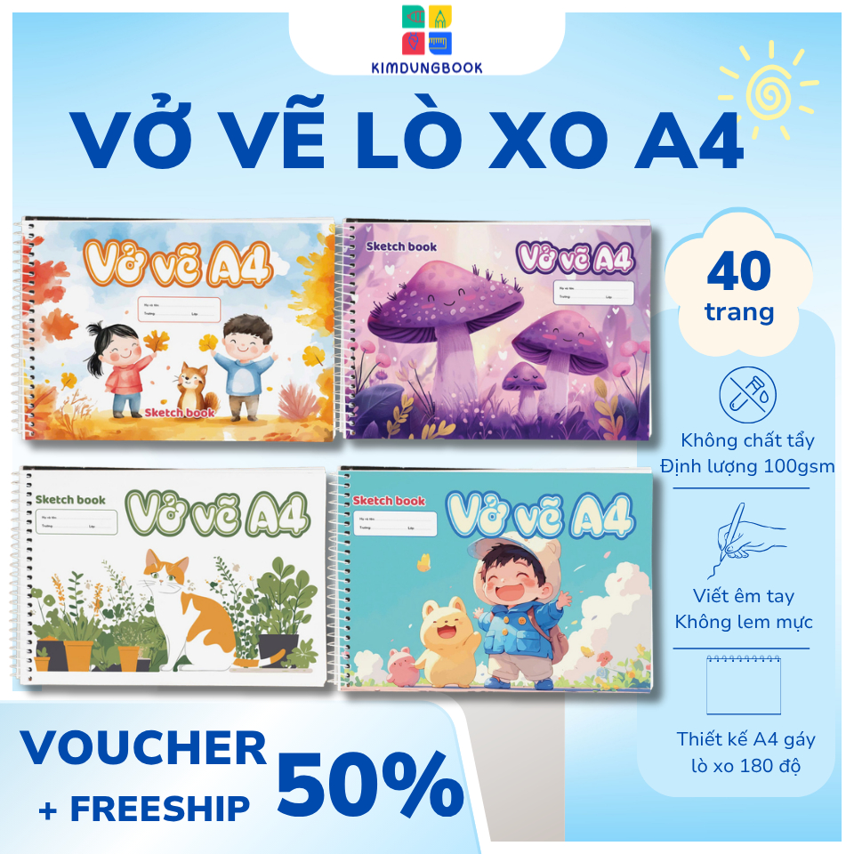 [ Vở Vẽ ] Vở Vẽ Lò Xo A4  40 trang - Vỡ Vẽ A4 giấy 100gsm-mẫu mới