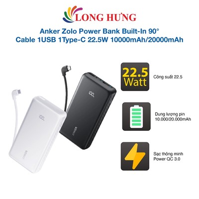 Sạc dự phòng Anker Zolo Power Bank Built-In 90° Cable 1USB 1Type-C 22.5W 10000mAh/20000mAh A110D/A110E - Hàng chính hãng