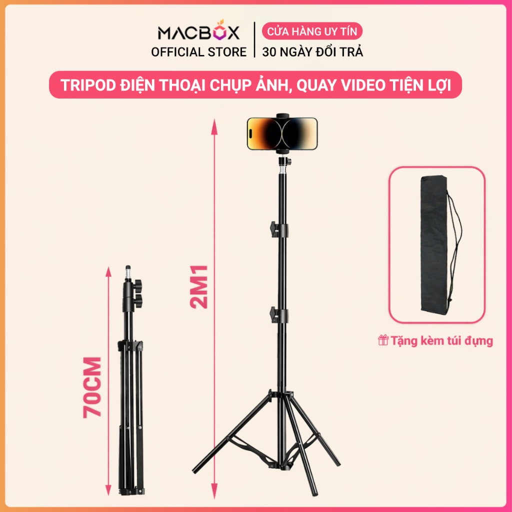 Chân đỡ điện thoại,máy ảnh Tripod 3 chân cao 2M1 chụp ảnh, quay phim video, livestream có remote xoay 360 độ Macbox