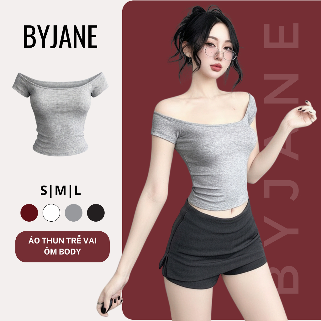 (DEAL MỞ BÁN ) Áo trễ vai ngắn tay ngắn tay ôm body cotton basic -BYJANE-606