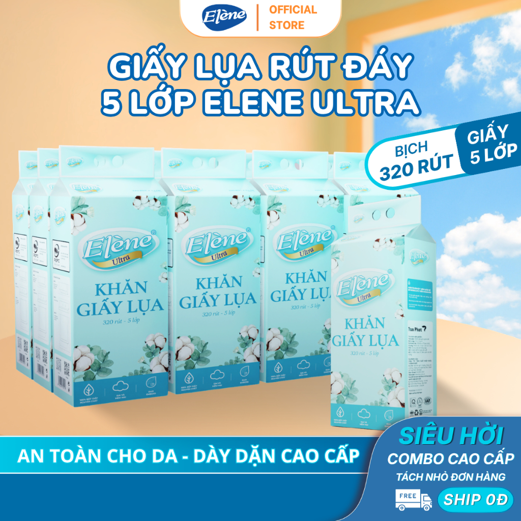 Giấy Lụa 5 Lớp Rút Đáy Elene Ultra 1600 Tờ Cao Cấp, Mềm Mịn, An Toàn