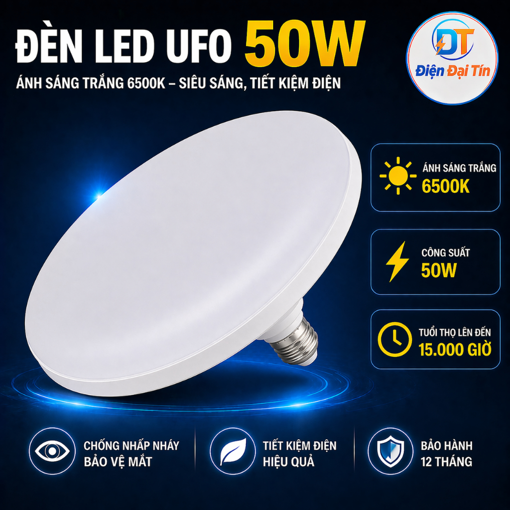 Bóng Đèn LED UFO 50W Cao Cấp – Ánh Sáng Trắng 6500K Siêu Sáng Tiết Kiệm Điện