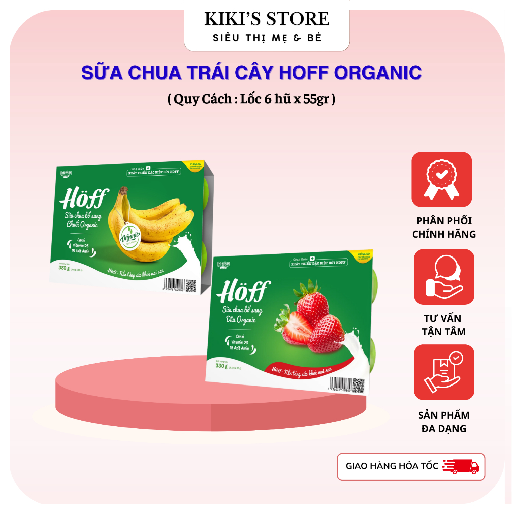 Sữa Chua Hoff Vị Chuối Dâu  Organic Hoff lốc 6 hộp x 55g cho bé ăn dặm