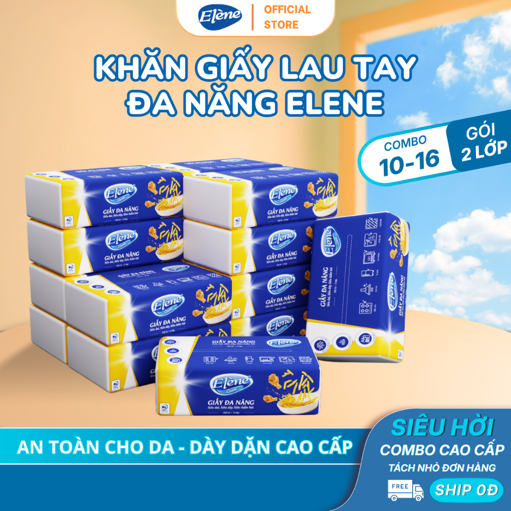 Khăn GIấy Lau Tay Đa Năng Rút Elene 100 Tờ 2 Lớp Thấm Hút Tốt, Tiện Lợi, An Toàn