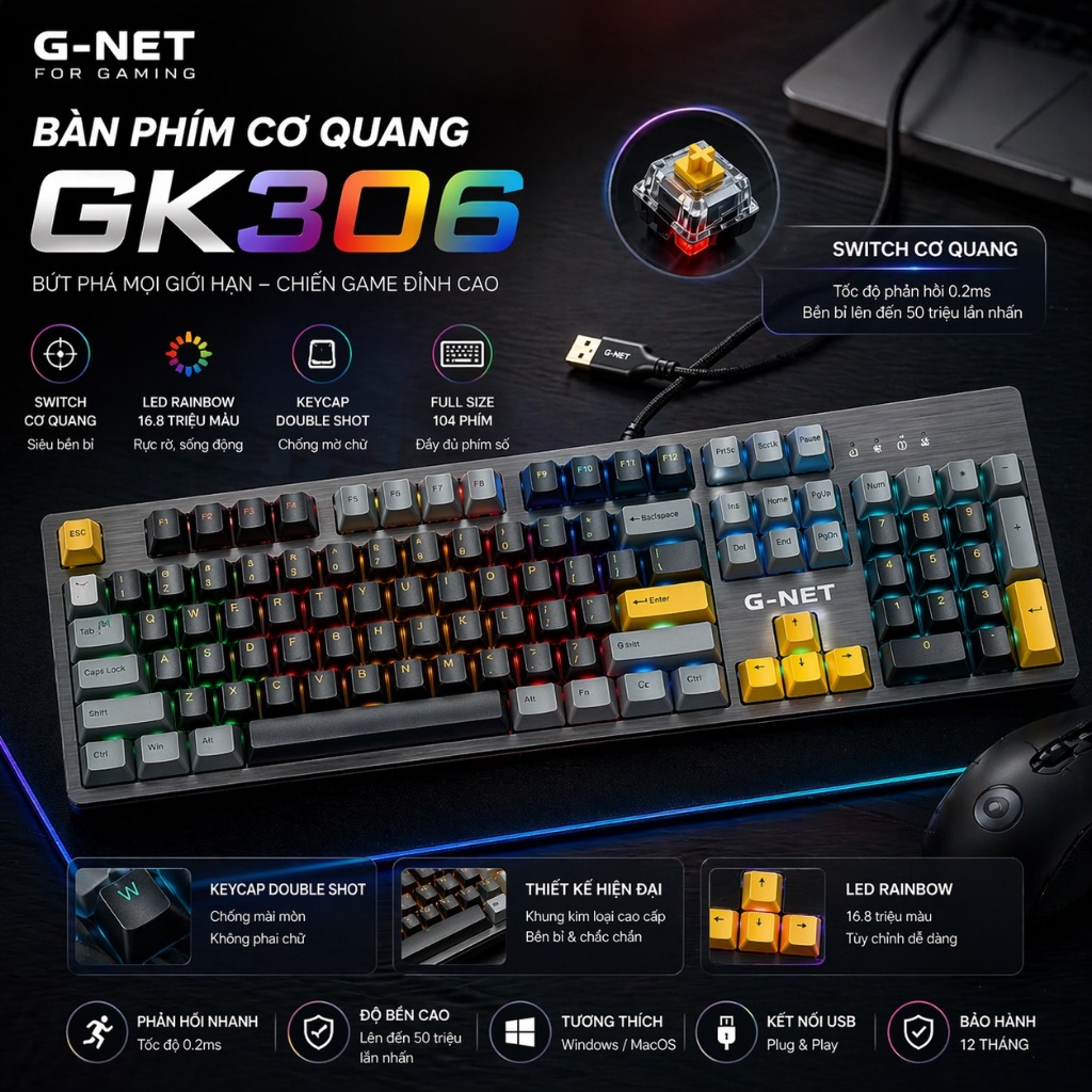 Bàn phím cơ quang G-NET GK318 cao cấp switch Fuhlen, chống nước và siêu bền 🔥