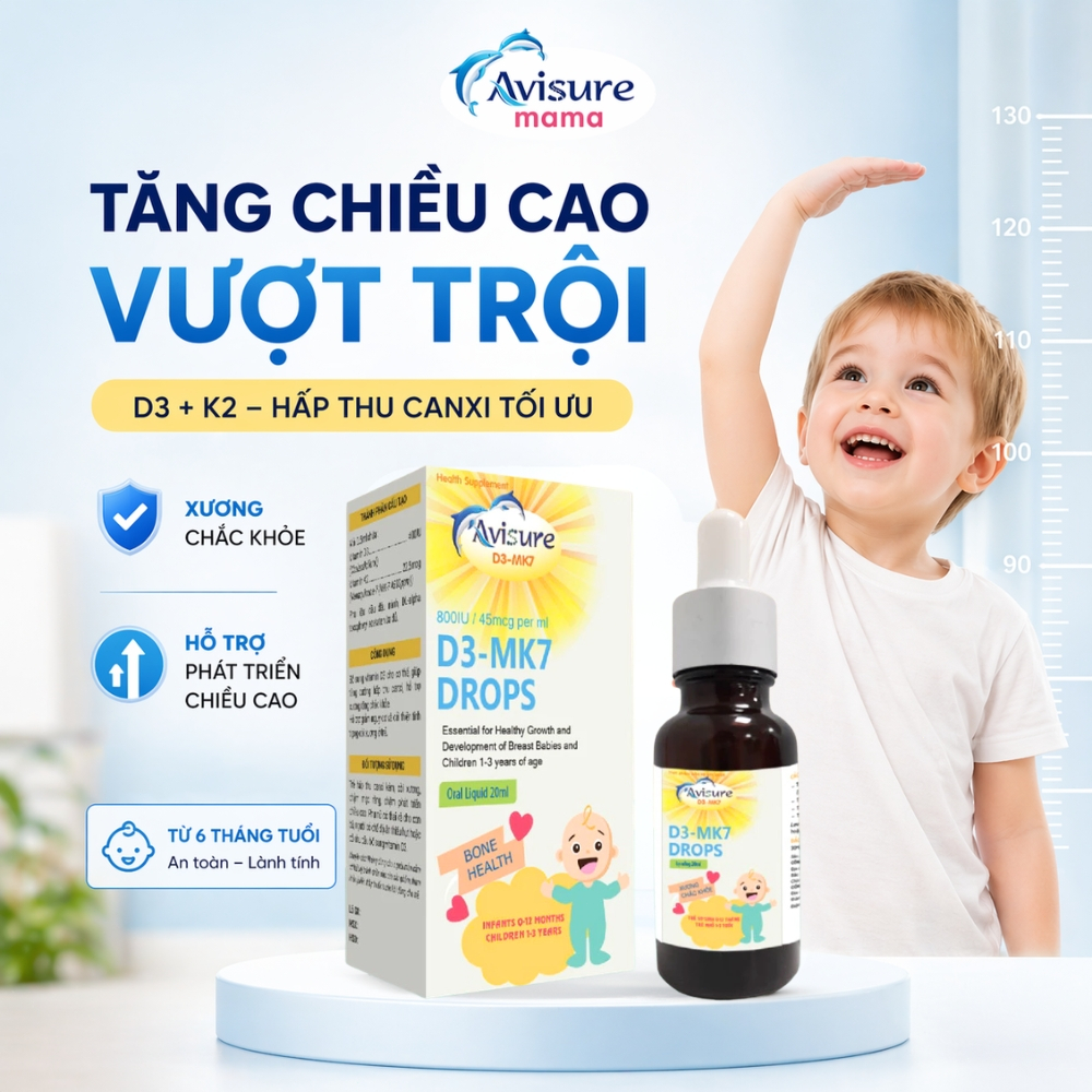 Vitamin D3 K2 Tinh Khiết Italia Avisure D3MK7 Hấp Thụ Canxi Tăng Chiều Cao Hiệu Quả Cho Bé