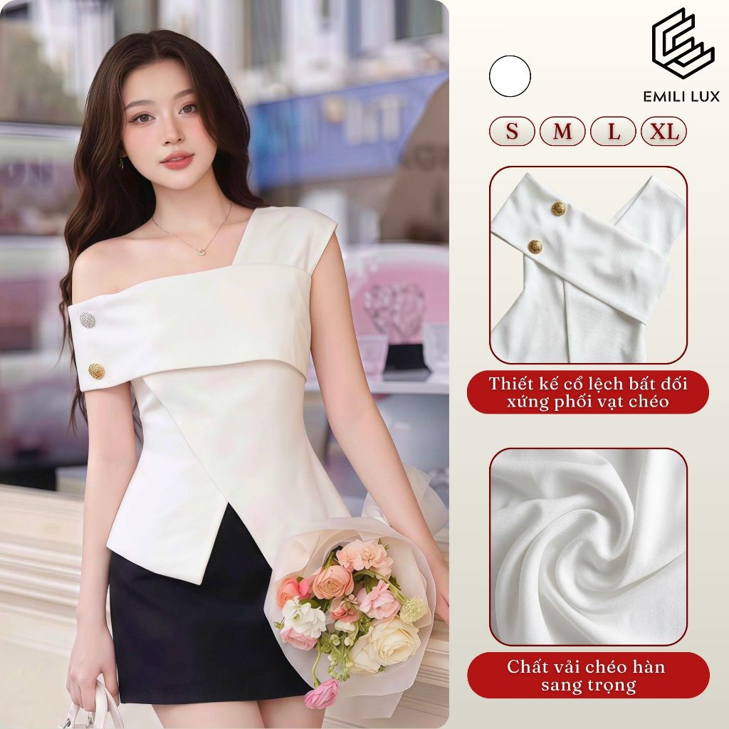 Áo kiểu nữ lệch vai thiết kế xếp lớp đính cúc EMILI DESIGN phong cách Hàn Quốc sang trọng [A89]