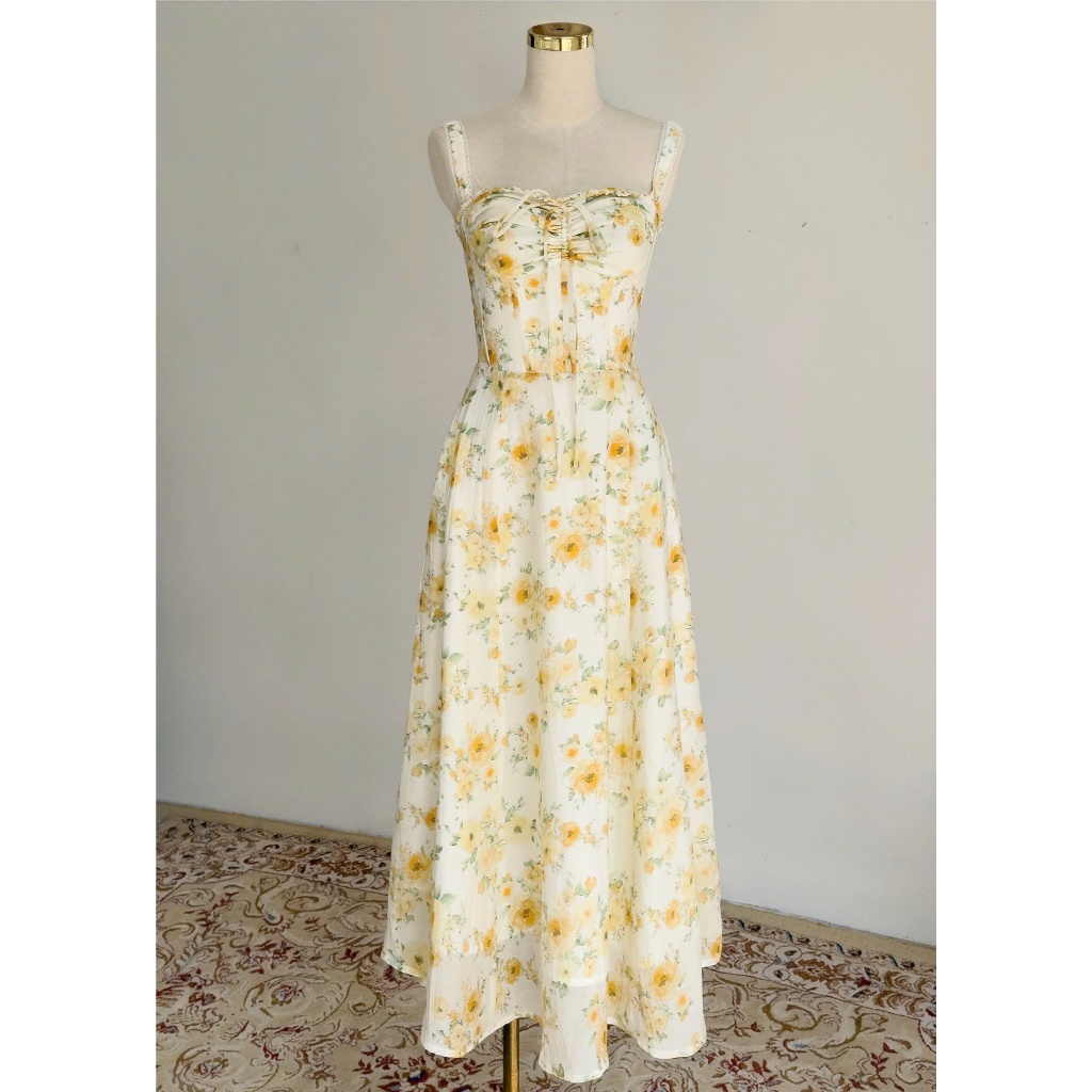 𝗖𝗹𝗼𝘁𝗵𝗲𝘀 𝗕𝗮𝗿 - Olivia Dress (Golden Muse) | Đầm midi tơ đũi hoa cam xanh cổ bèo nhún thắt nơ