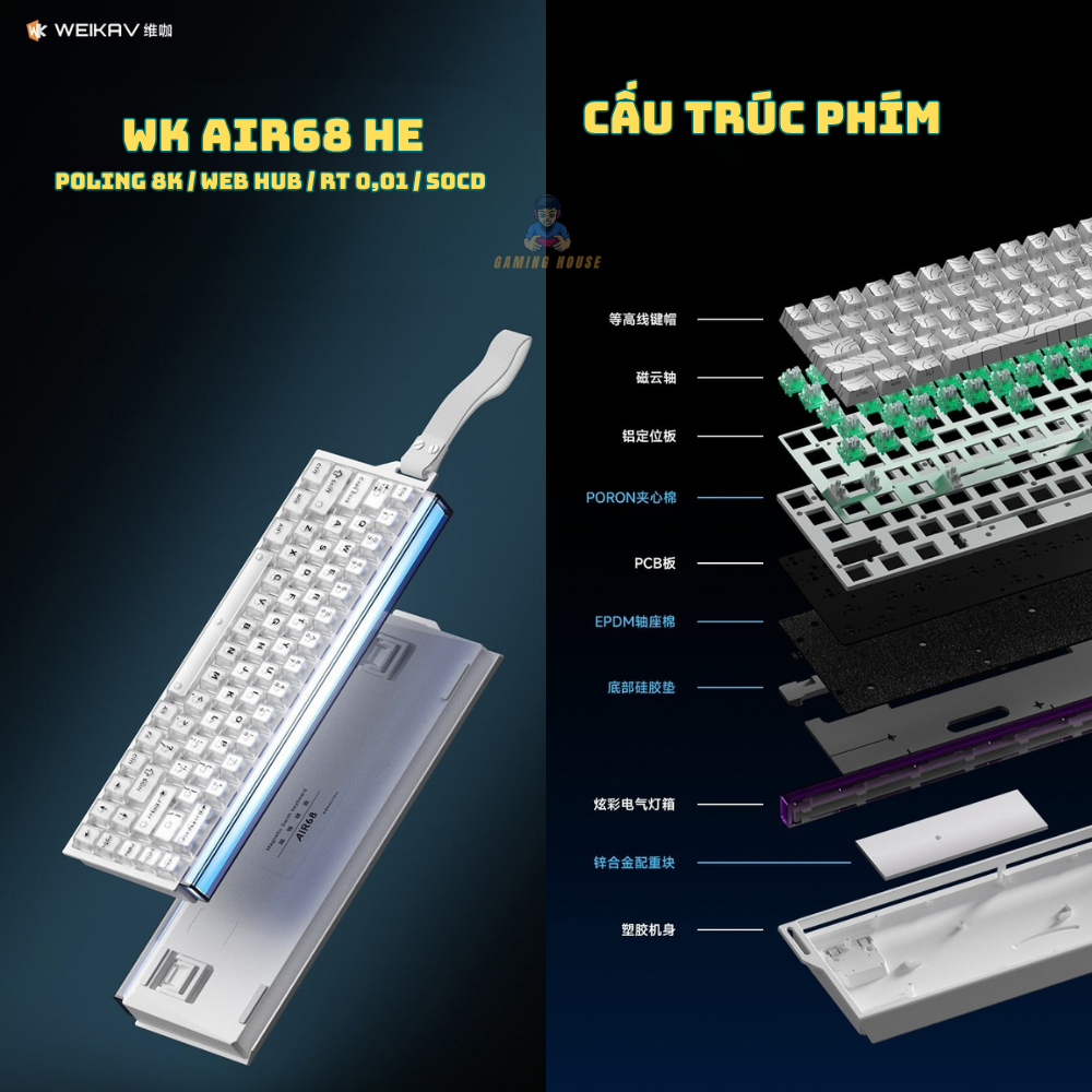 Bàn phím cơ Rapid Trigger Weika Air68 - Tần số 8K HZ - LED RGB - Web Hub - RT 0,01 - Lót full foam - Plate FR4 | BigBuy360 - bigbuy360.vn
