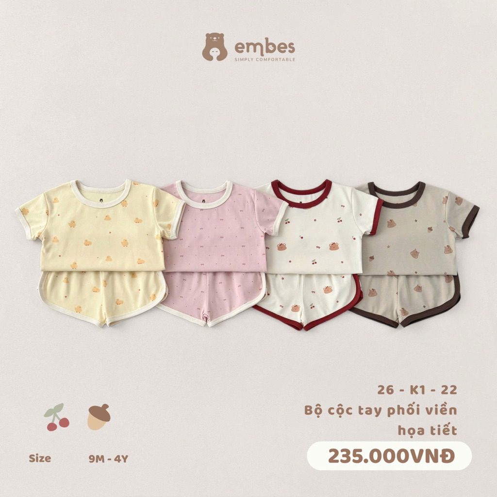 Bộ cộc tay hoạ tiết phối viền thoáng mát cho bé trai bé gái Embes. Đồ bộ mùa hè cho bé BEO.Kids