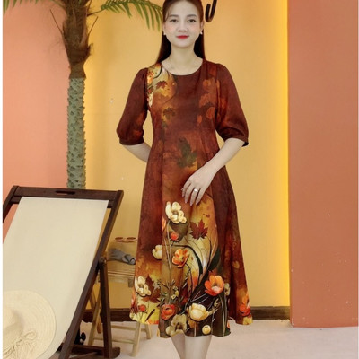 Đầm suông xòe trung niên cho mẹ - Cổ tròn tay lỡ - Nâu cam hoa - TTV2063
